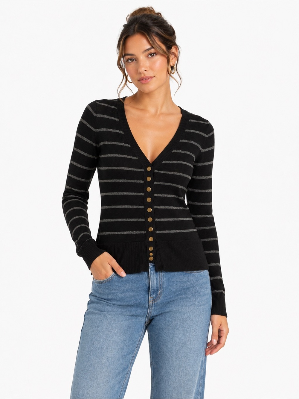 Zenana Outfitters Black Gray Striped Snap Front Cardigan Size Small Lightweight